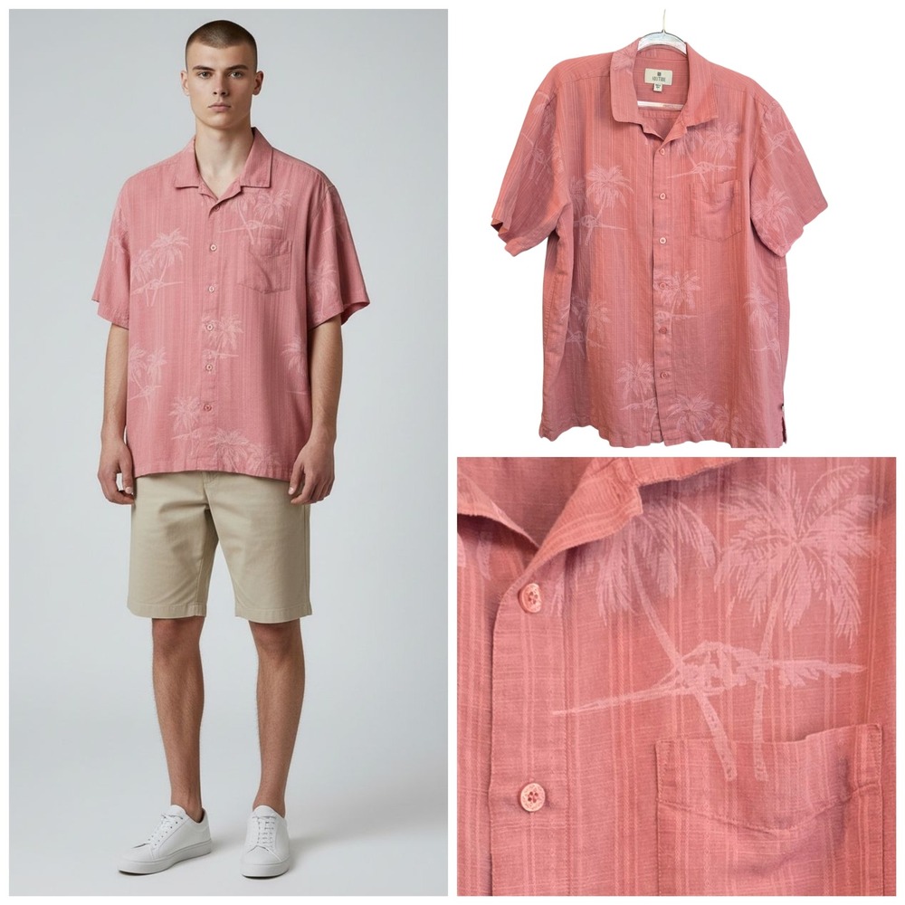Solitude Linen Cotton Blend Shortβ Sleeve Button Down Shirt Palm Tree Mens L